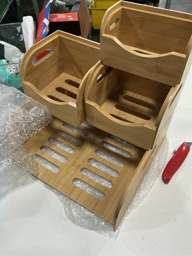 Condition photo showing As Is for potato and onion storage bin, made of bamboo, with 2 banana hooks | with 2 banana hangers,stackable potato and onion storage bin with airflow vent,vegetable storage,for kitchen countertop