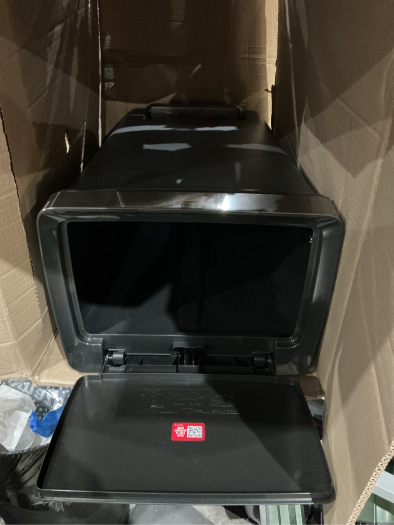 Condition photo showing As Is for rubbermaid premier series iii step-on trash can for home and kitchen, with stainless steel rim, 12.4 gallon, charcoal, for home/kitchen/garage/apartment/office metal rim, resin lid