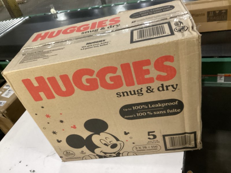 Condition photo showing New/Like New for Huggies Size 5 Diapers, Snug & Dry Baby Diapers, Size 5 (27+ lbs), 156 Count (2 Packs of 78), Packaging May Vary Size 5 156