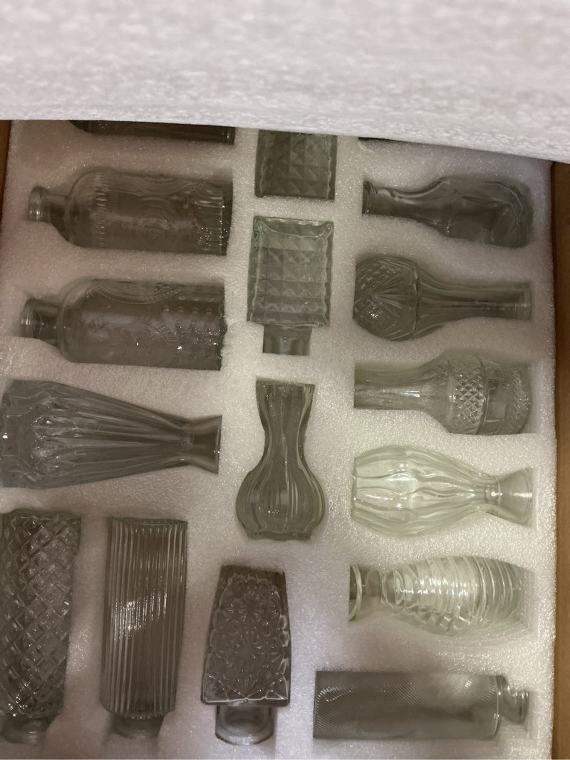 Condition photo showing New/Like New for glass bud vases in bulk set of 17, transparent clear small mini vases for flowers, vintage vase for centepiece,wedding, table decor, baby shower, christmas, home and events transparent 17