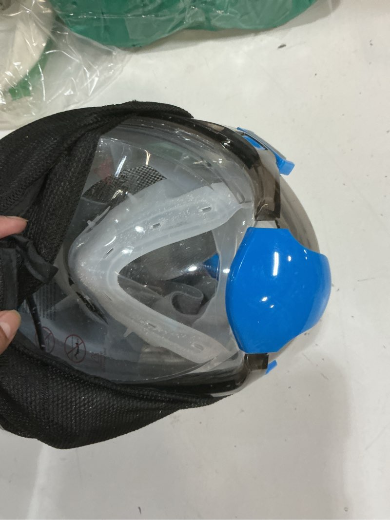 Condition photo showing As Is for greatever g2 full face snorkel mask with latest dry top system,foldable 180 degree panoramic view snorkeling mask with camera mount,safe breathing,anti-leak&anti-fog gray blue small-medium