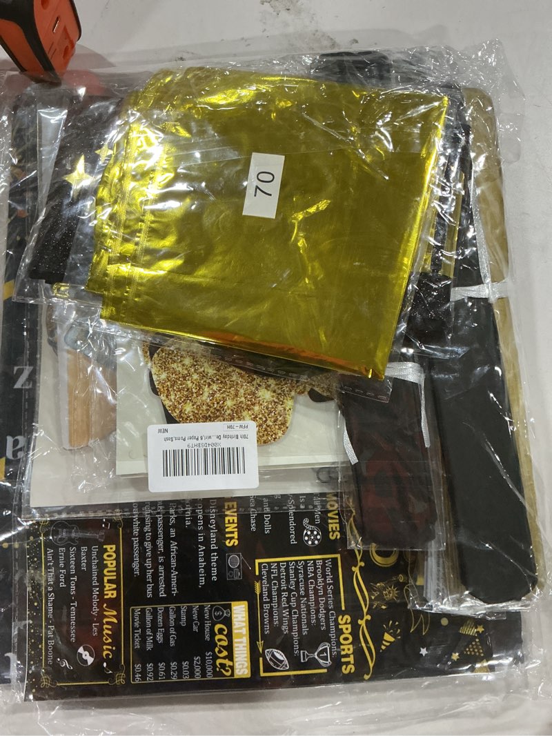 Condition photo showing New/Like New for 70th Birthday Decorations for Men Women,24PCS 1955 Banner Decorations,Including Banner,6Honeycomb Topper,70 Balloons,Anniversary Card,Cheers to 70 Years Banner,7 Hanging Swirl,6 Paper Poms,Sash Black Gold 1955