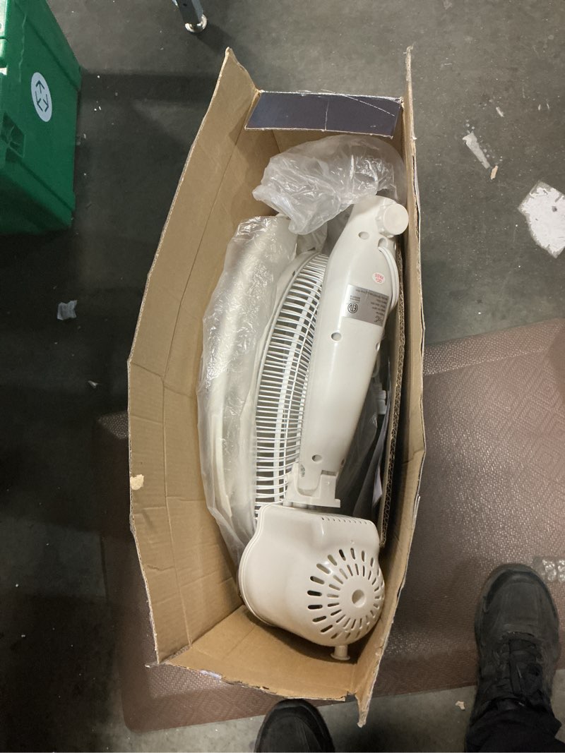 Condition photo showing New/Like New for vie air 16 inch 3 speed oscillating stand fan with 7.5 hour timer, 1400 rms & remote control (white)