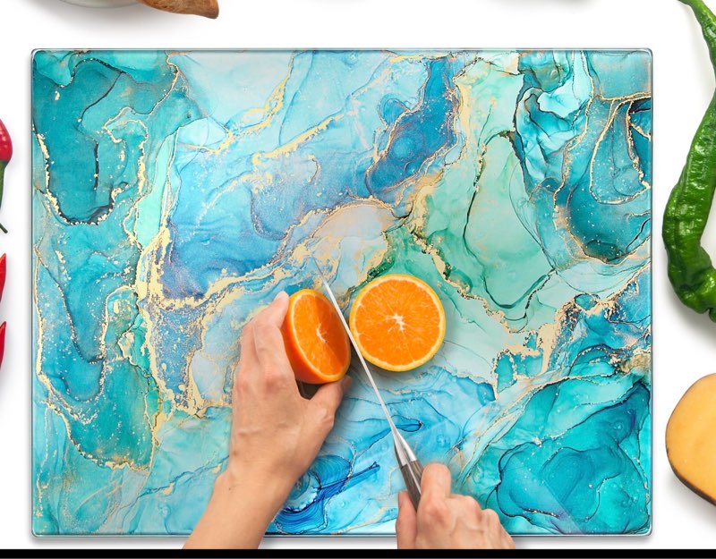Glass Cutting Board 20”x16”: Tempered Glass Kitchen Counter Protector - Durable- Scratch-Resistant, Heat-Proof - Design 9 - Teal Ocean