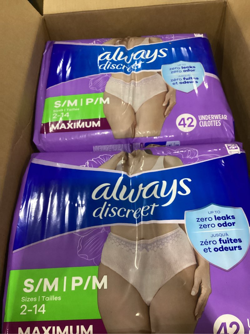 Condition photo showing New/Like New for Always Discreet Adult Incontinence Underwear for Women and Postpartum Underwear, Small/Medium, Up to 100% Bladder Leak Protection, 84 Count (2 Packs of 42) Small/Medium 84