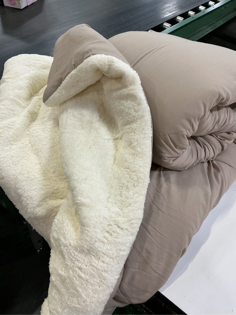 Condition photo showing As Is for swift home plush faux fur 3-piece reversible sherpa carmel queen comforter set
