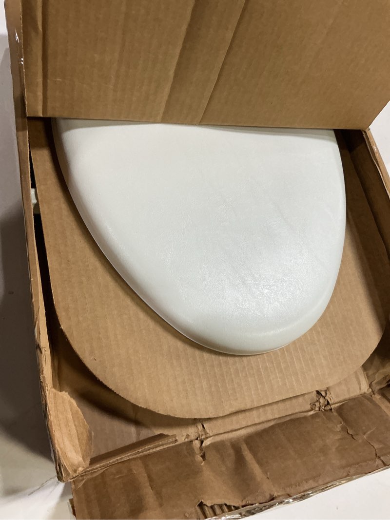 Condition photo showing Good Condition for Mayfair Padded Toilet Seat with Chrome Hinges, Soft Vinyl over Wood Core Seat, Made in USA, Elongated, White