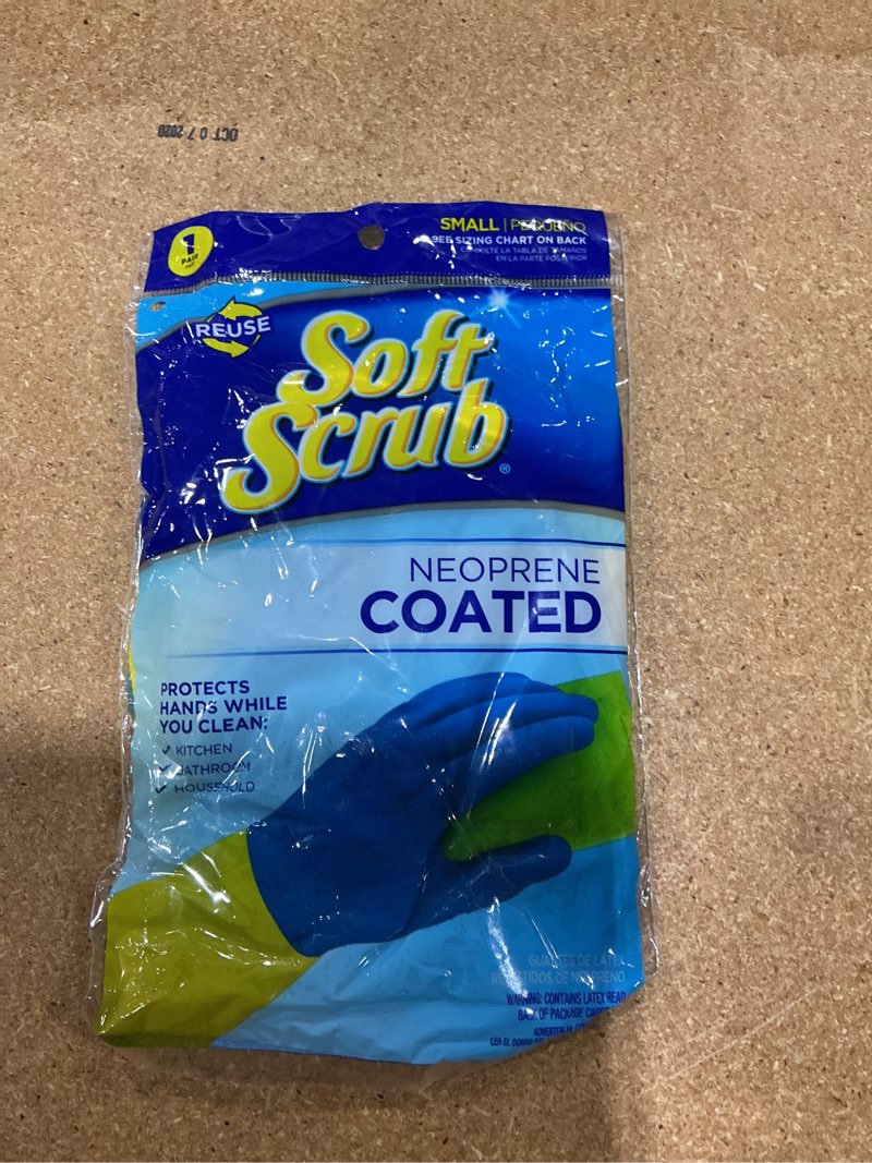 Condition photo showing New/Like New for soft scrub neoprene coated, reusable latex household glove