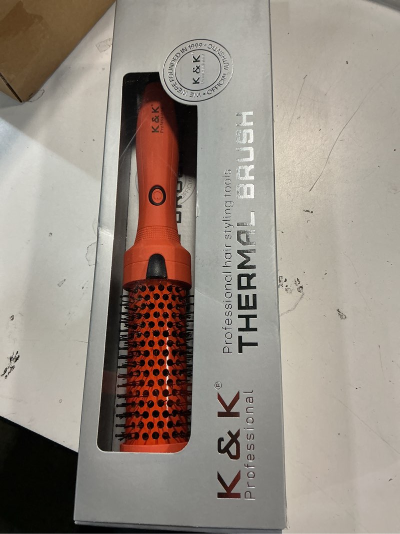Condition photo showing New/Like New for K&K Thermal Brush, 1 1/2 inch Heated Round Brush with Detachable Head, Velvet Pouch and Dual Voltage for Travel, Easy to Create Blowout Look, Cosmic Orange