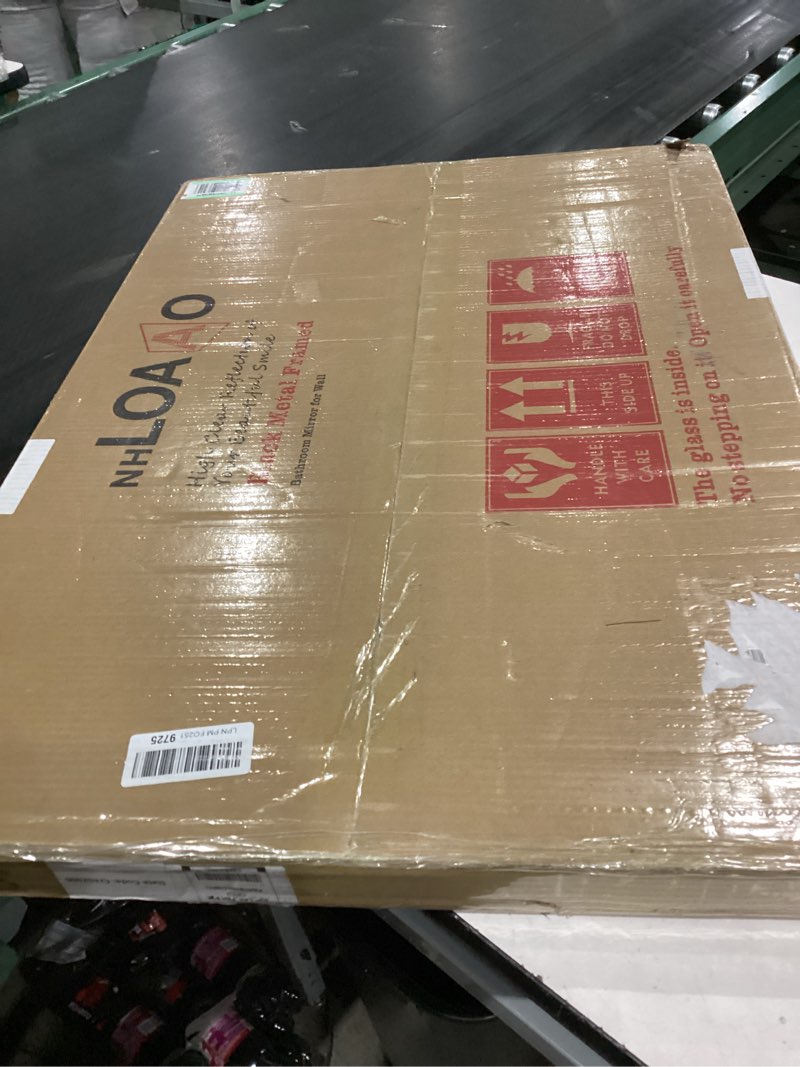 Condition photo showing As Is for LOAAO Black Metal Framed Bathroom Mirror for Wall, 24X36 Inch Rounded Rectangle Mirror, Matte Black Bathroom Vanity Mirror Farmhouse, Anti-Rust, Hangs Horizontally or Vertically Black 36"L x 24"W