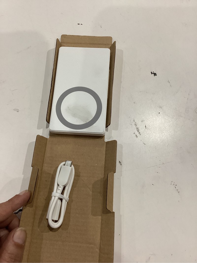 Condition photo showing As Is for onn 5,000 mah portable battery with built in usb-c cable, mag-attach ring, white - compatible with iphone 16 series, iphone 15 series, samsung galaxy, note, pixel devices ipad pro, & more