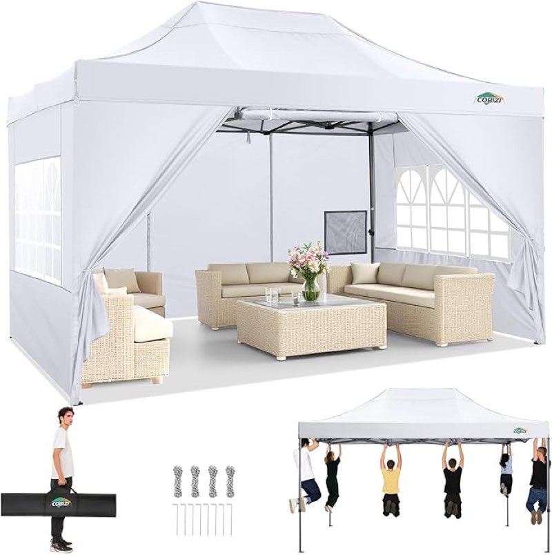 cobizi 10x15 heavy duty pop up canopy tent with 4 sidewalls thicken frame, commercial easy up outdoor wedding party tents, all season waterproof windproof with stakes sandbags ropes bag, white