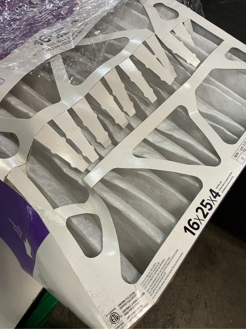 Condition photo showing As Is for filtrete 16-in w x 25-in l x 4-in merv 12 1550 mpr allergen, bacteria and virus electrostatic pleated air filter
