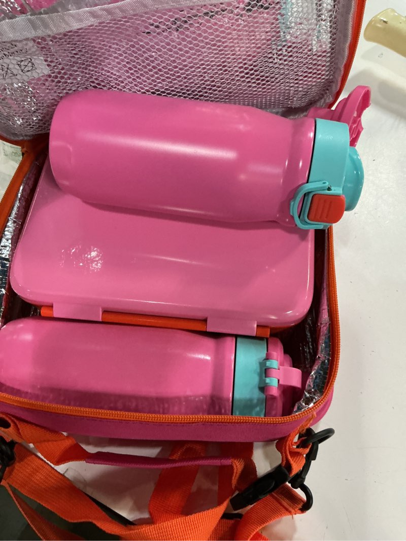 Condition photo showing Good Condition for bento lunch box for kids with thermos, leakproof bento box with 8oz insulated food jar, insulated bottle, lunch bag, bpa free dishwasher safe 4 compartment container for school girls boys (pink)