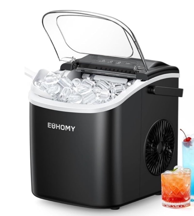 EUHOMY Countertop Ice Maker Machine with Handle, 25.5lbs in 24Hrs, 9 Ice Cubes Ready in 6 Mins, Self-Cleaning Portable Ice Maker with Basket and Scoop, for Kitchen/Home/Camping/RV. (Black