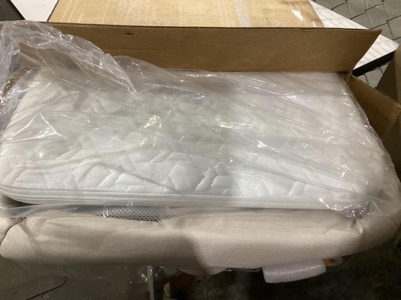 Condition photo showing Good Condition for baby bassinet bedside crib, 3-in-1 baby bassinet bedside sleeper with mattress and soft, breathable sheet, full-mesh sides, 6-height adjustable, stable and secure crib for newborns wood grain legs + beige bed