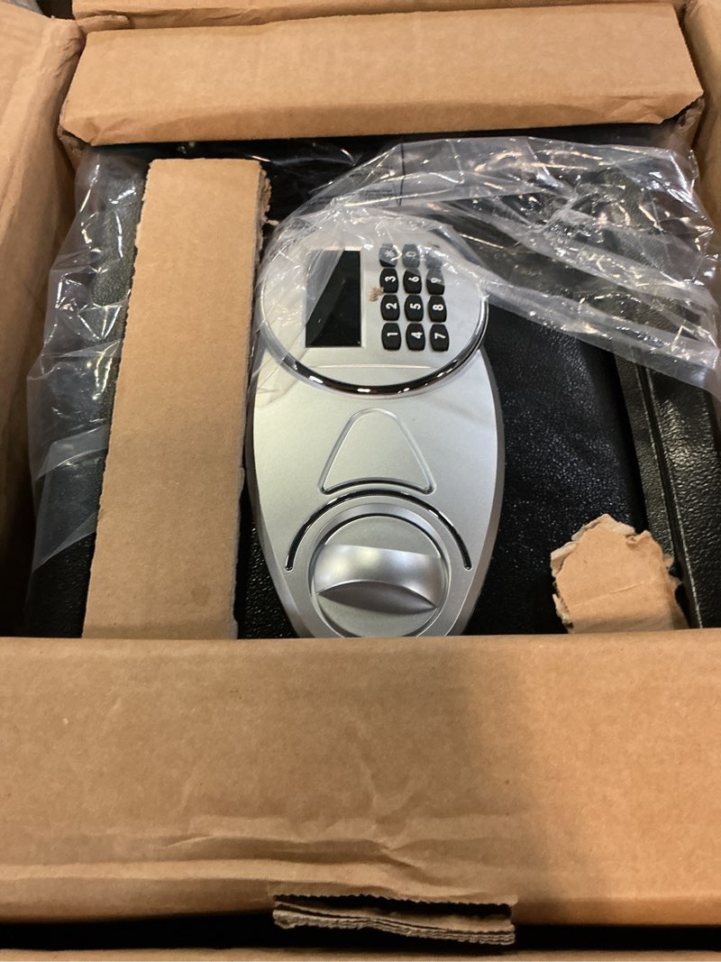 Condition photo showing Good Condition for amazon basics steel security safe and lock box with electronic keypad, secure documents storage, black, 0.5 cubic feet, 13.8"w x 9.8"d x 9.8"h, removable shelf