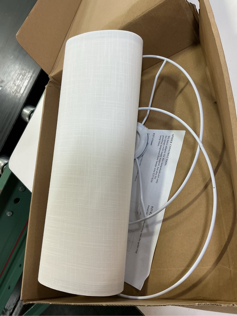 Condition photo showing Good Condition for white linen tall drum lampshade, 10" top x 10" bottom x 13" high lamp shade, lamp shade replacement for table and floor lamps, pendant light, handcrafted lampshade, easy assembly