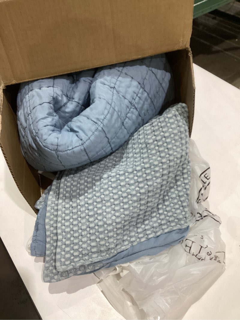 Condition photo showing Good Condition for Levtex Home Mills Waffle Queen Bedspread Set (106x106in) with 2 Pillow Shams (26x20in) - Chambray - Cotton Waffle Queen Size Bedspread Set - Lightweight, Soft, Pre-Washed Queen Bedspread Chambray