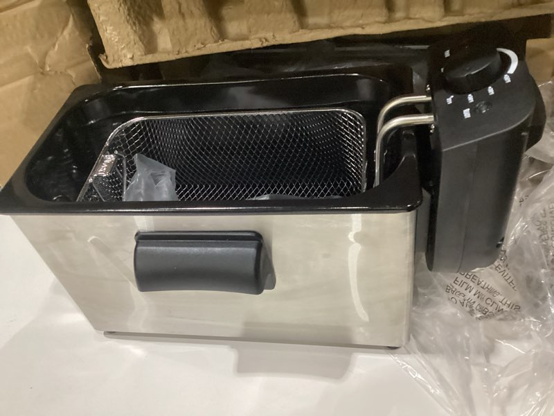 Condition photo showing As Is for amazon basics 3.2-qt (3.0l) deep fryer with 12-cup oil capacity, adjustable temperature, easy draining basket, stainless steel exterior, viewing window, 1500w, black & silver 3.2-qt, black & silver, not tested