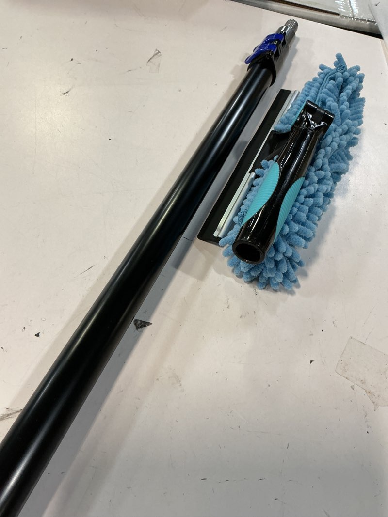 Condition photo showing As Is for (missing pieces) 20ft high ceiling duster kits with 5-12ft heavy duty extension pole - fan blade cleaner, cobweb remover & blue window squeegee kit, washable dust brush for high roof and glass surfaces