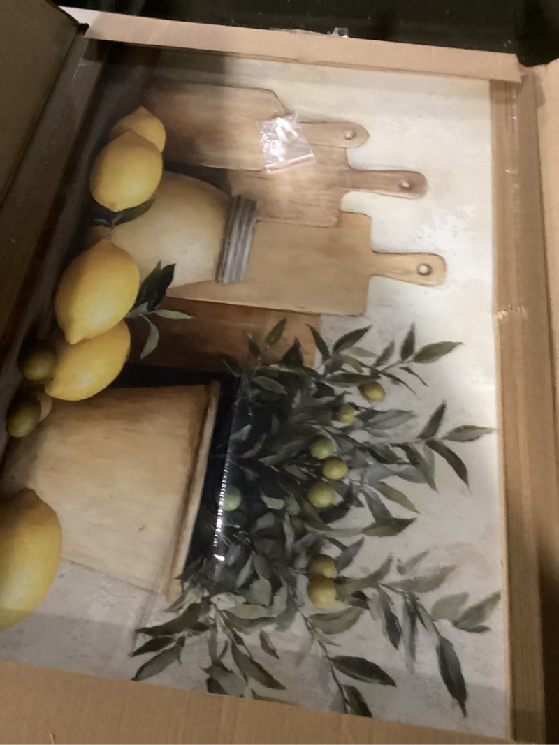 Condition photo showing As Is for Wood Framed Vintage Kitchen Wall Art, Yellow Lemon Still Life Wall Decor Oil Paintings, Rustic Farmhouse Artwork Canvas Posters Prints Pictures for Living Room Bedroom Home Decor 16x24 Inch Yellow lemon Framed 24"L x 16"W