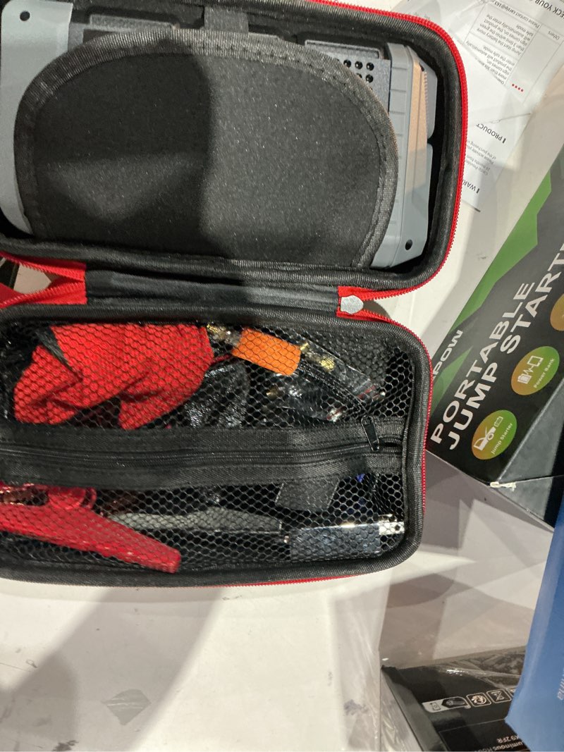 Condition photo showing As Is for jump starter with air compressor, battery jumper starter portable,12v jump box with 160psi tire inflator for car battery, led display for all gas & 12l diesel engines, led light, jumper cables gray