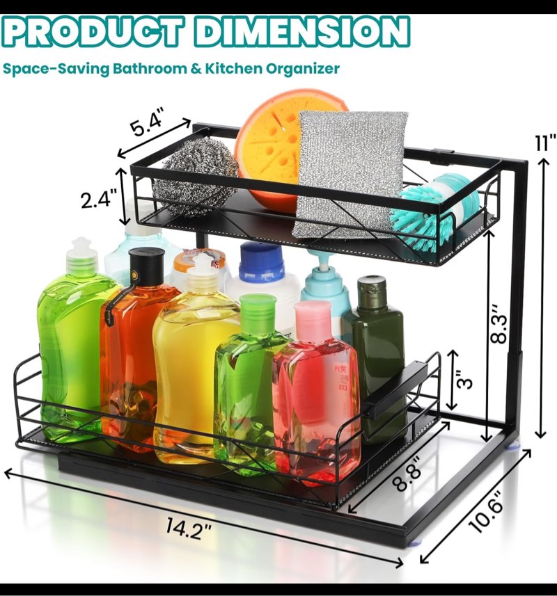 pull out under sink organizer, 2 tier under sink storage with suction cups, pvc mat, sliding drawer, metal cleaning supplies shelf cabinet organizer for kitchen, laundry, pantry, bathroom