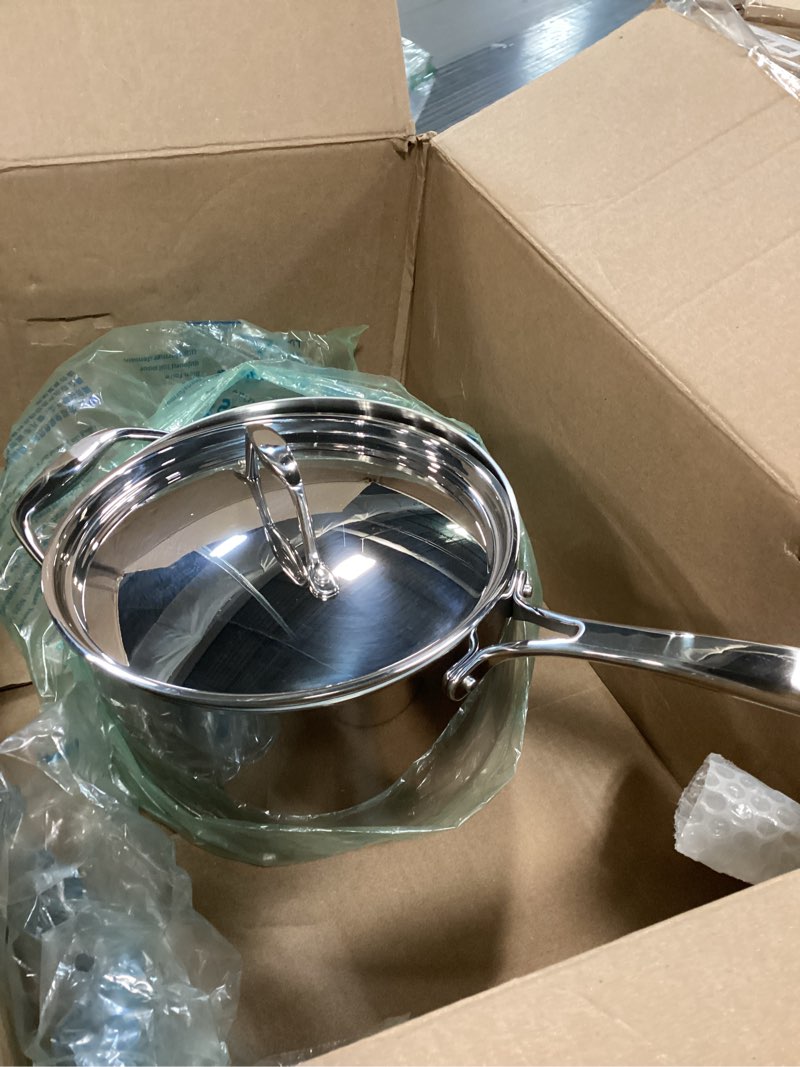 Condition photo showing As Is for All-Clad D3 3-Ply Stainless Steel Sauce Pan with Lid 4 Quart, Induction, Oven Broiler Safe 600F, Multipurpose, Compatible w/ All Cooktops, For Restaurant or Home Kitchen, Pots & Pans, Cookware, Silver 4 Quarts
