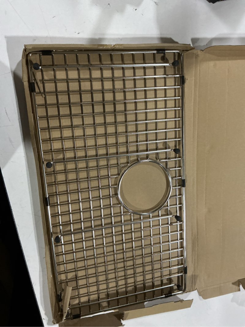 Condition photo showing Good Condition for serene valley sink bottom grid 24-1/8" x 13-1/8", rear drain with corner radius 3/16", sink protector ndg2413r