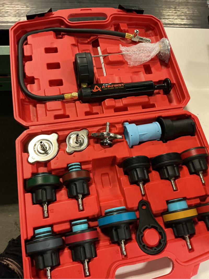 Condition photo showing Good Condition for radiator pressure tester kit, 18pcs automotive water tank manual pump pressure test tool and adapters work on cooling system leak down detection for cars motorcycles trucks airlifts, red red case