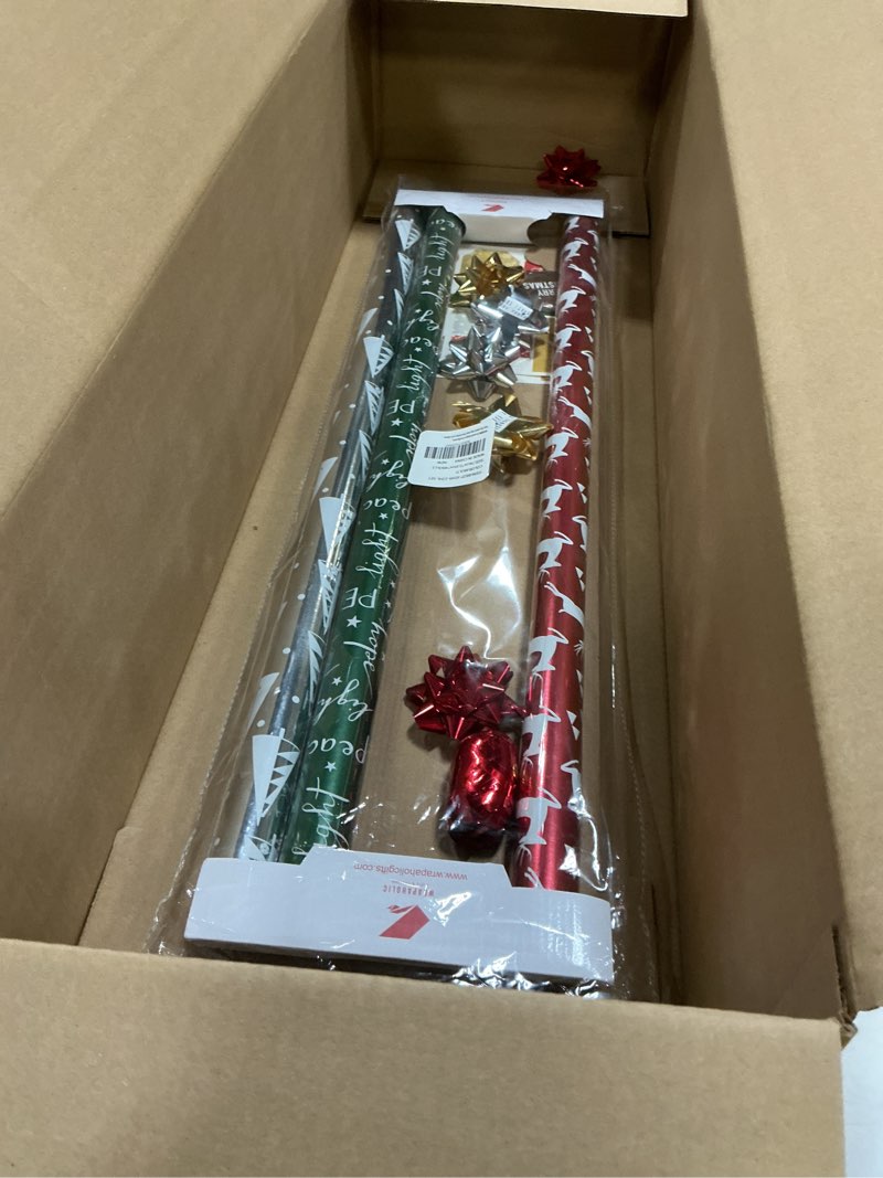 Condition photo showing New/Like New for WRAPAHOLIC 30 Inch Silver Christmas Wrapping Paper Roll - Jumbo Roll Silver Snowflakes, Candy Cane Holiday Collection with Metallic Foil Shine - 4 Rolls - 30 Inch x 120 Inch Per Roll Christmas - Silver - 4 Rolls