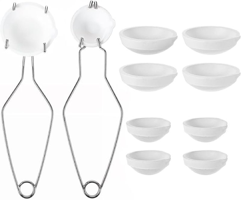 10 Pcs Crucibles for Melting Metal Kit, 4 Pcs Ceramic Quartz Crucibles & 4 Pcs Enlarged Ceramic Quartz Crucibles & 2 Pcs Gold Silver Copper Whip Tongs Handle 2A, Jewelry Refining Casting Pot