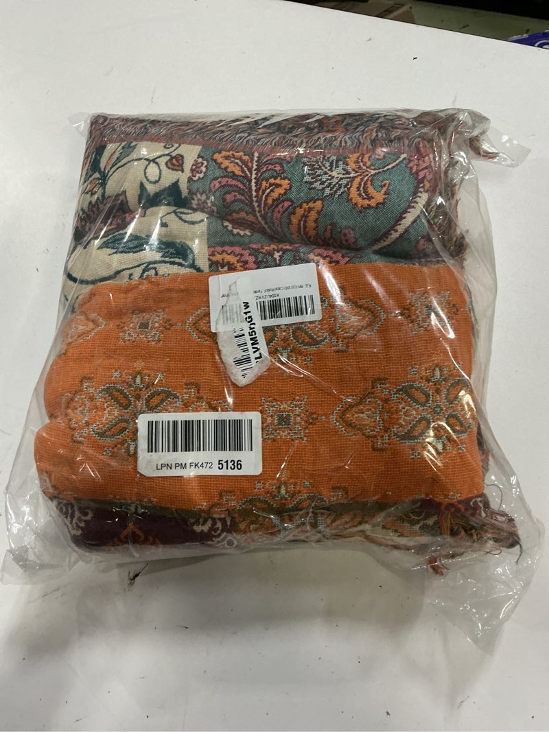 Condition photo showing Good Condition for bailix boho throw blanket for couch sofa bed, 100% cotton woven quilt with tassel 90”x98”, super soft muslin blanket with floral printed, decorative reversible bed blanket/cover for all seasons a - patchwork 90“ x 98”