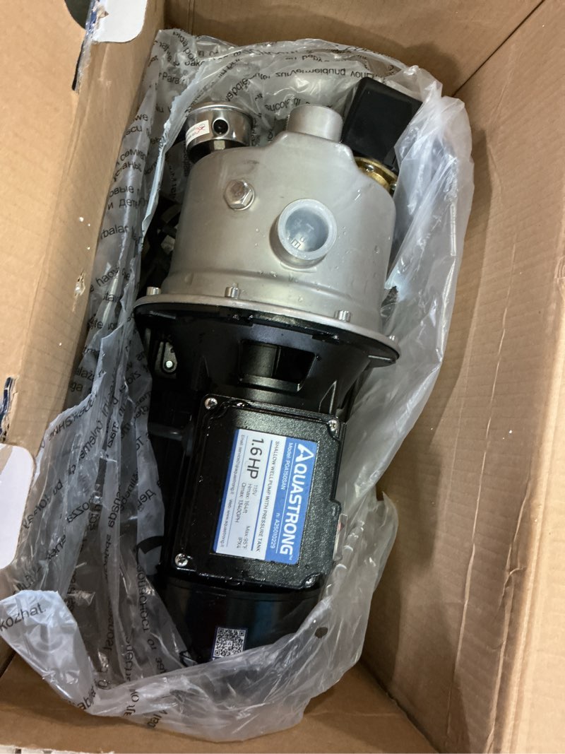 Condition photo showing As Is for aquastrong 1.6hp shallow well pump with pressure tank, nsf certified, 1320gph, 115v, stainless steel irrigation pump, automatic water booster jet pump for home, garden, lawn…