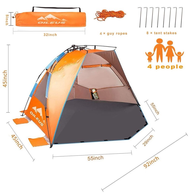 oileus x-large 4 person beach tent sun shelter - portable sun shade