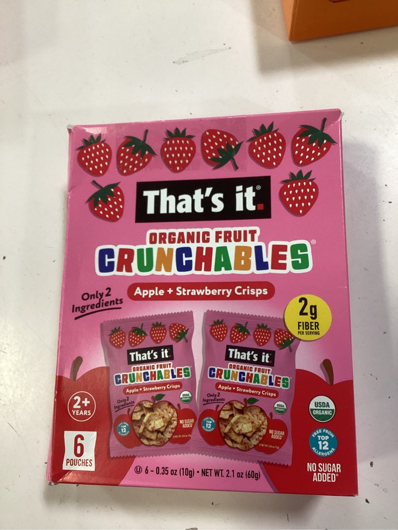 Condition photo showing New/Like New for organic apple + strawberry crunchables fruit snacks in a 6-pack box.