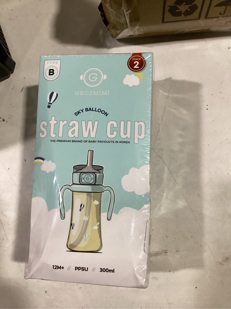 Condition photo showing New/Like New for grosmimi baby straw cup, spill-proof ppsu sippy cup with flip-top, rotating handles for babies & toddlers 12+ months, bite-resistant silicone straw, bpa-free, stage 2, 10oz (air balloon)