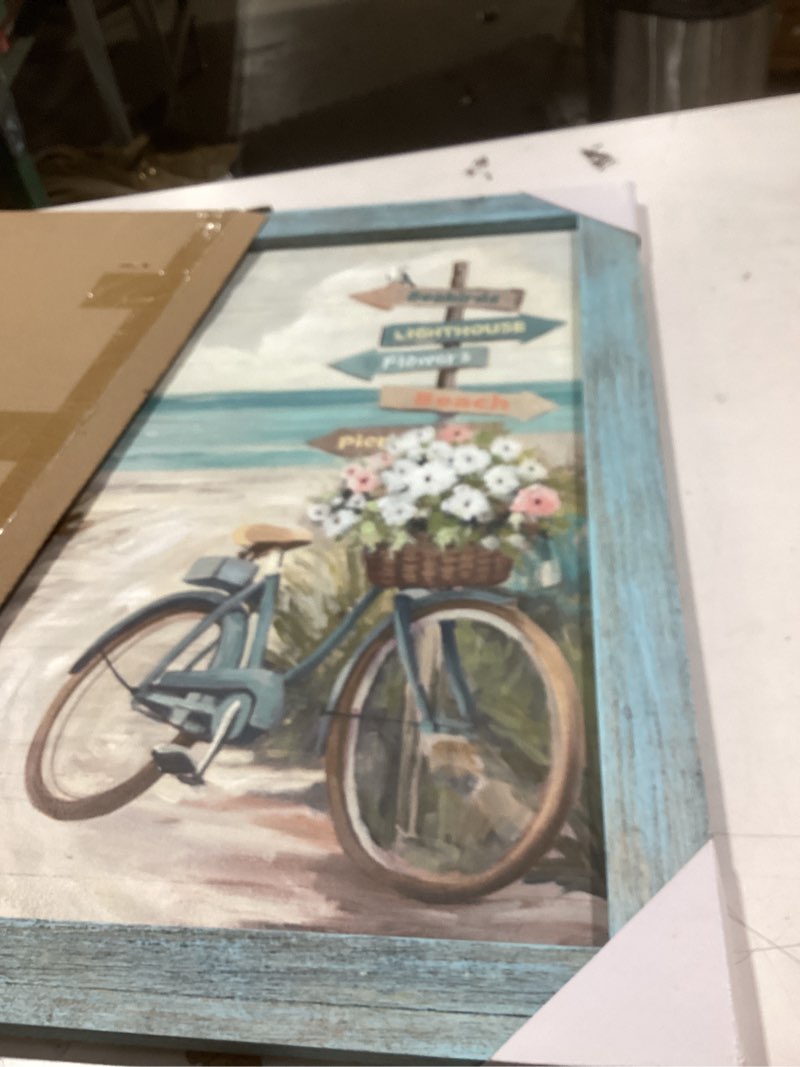 Condition photo showing Good Condition for Bedroom Beach Seascape Wall Art: Coastal Tropical Seaside Bicycle with Flower Beachy Signs Rustic Scenery Wooden Framed Prints Picture Ocean Seashore Painting Artwork Decor for Living Room Bathroom Home Office 24"x16" Coastal Bicycle 24"L x 16"W
