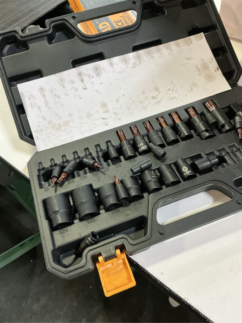 Condition photo showing As Is for 31-piece torx bit socket set: 14 star bits t8-t70 & 13 e-torx sockets e4-e24, premium cr-v & s2 alloy steel, high torque laser marked for automotive mechanic