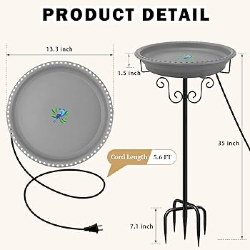 lovppy heated bird bath, 100w thermostatically controlled heated bird baths for outdoors bird bath heater with metal stake, heated bird bath for outside winter garden patio yard lawn (gray)