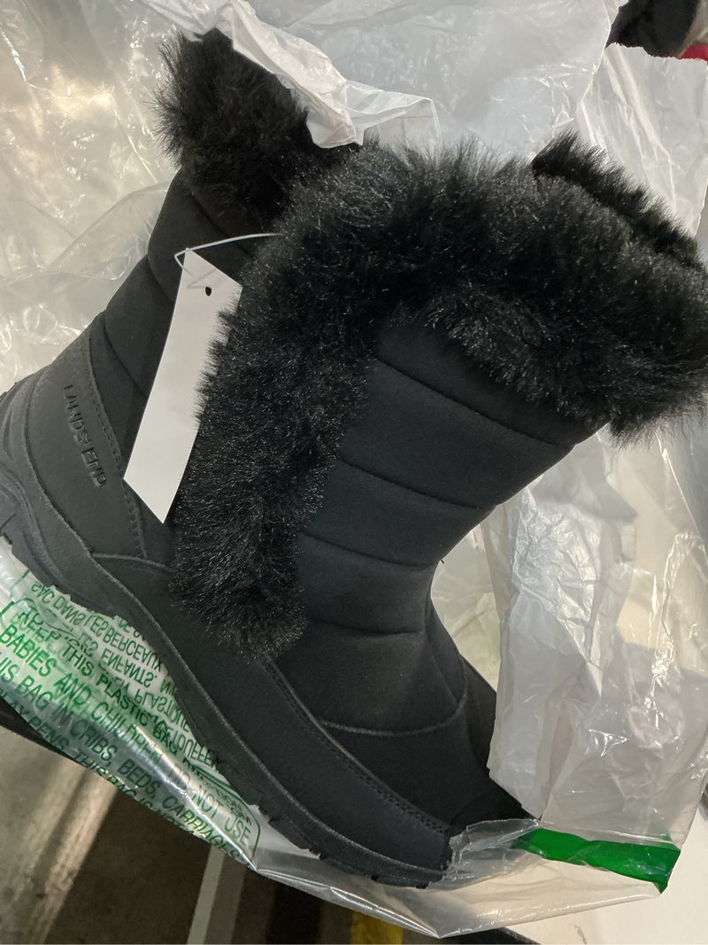Condition photo showing New/Like New for lands' end expedition waterproof insulated womens snow boots, lace up or slip on winter boots for women, medium or wide width sizes 6 to 11, black, brown, blue, white or grey winter shoes 9 black