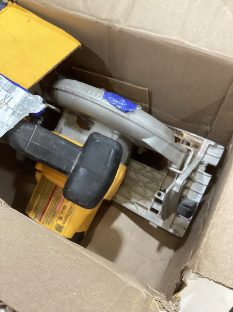 Condition photo showing As Is for dewalt 20v max circular saw, cordless sidewinder style portable, 6-1/2-inch blade, 5150 rpm, 0-50 degree bevel capability, battery not included (dcs391b) yellow 6-1/2 inches