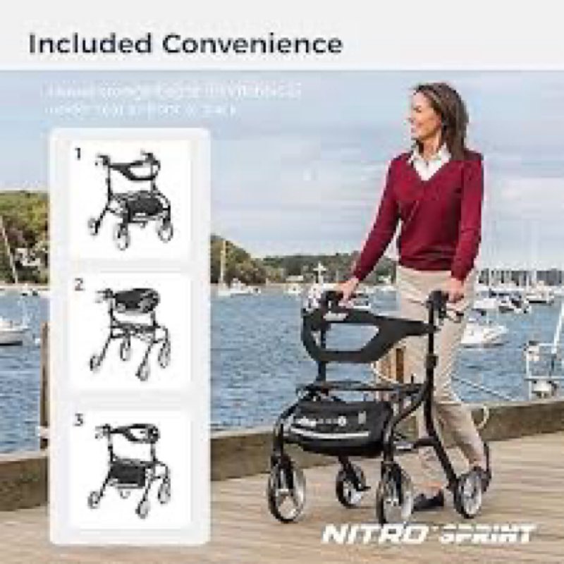 Drive Medical Nitro Sprint Foldable Rollator Walker with Seat, Petite Height Lightweight Rollator with Large Wheels, Folding Rollator, Short Rolling Walker for Seniors and Adults, Black