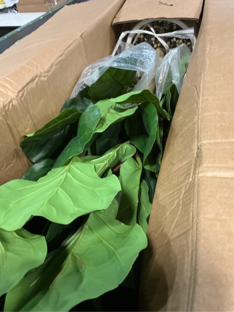 Condition photo showing Good Condition for faux fiddle leaf fig tree 6ft tall indoor fake tree in white pot with 106 leaves artificial ficus lyrata house plant for indoor home office bedroom living room decor perfect housewarming gift 1 6ft