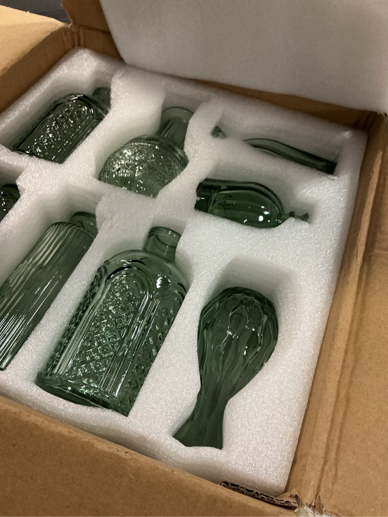 Condition photo showing New/Like New for glass bud vase set, 16pcs small green flower vases for table centerpieces in bulk, mini vintage vase for wedding, home, table decoration green 16