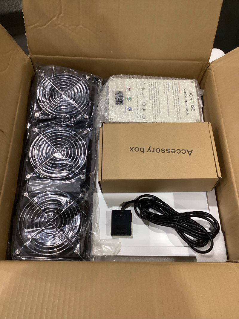 Condition photo showing New/Like New for 25w solar powered exhaust fan kit with 12000mah lithium battery ideal for chicken coops greenhouses attics and sheds 2600rpm 10ft cord ip67 waterproof black