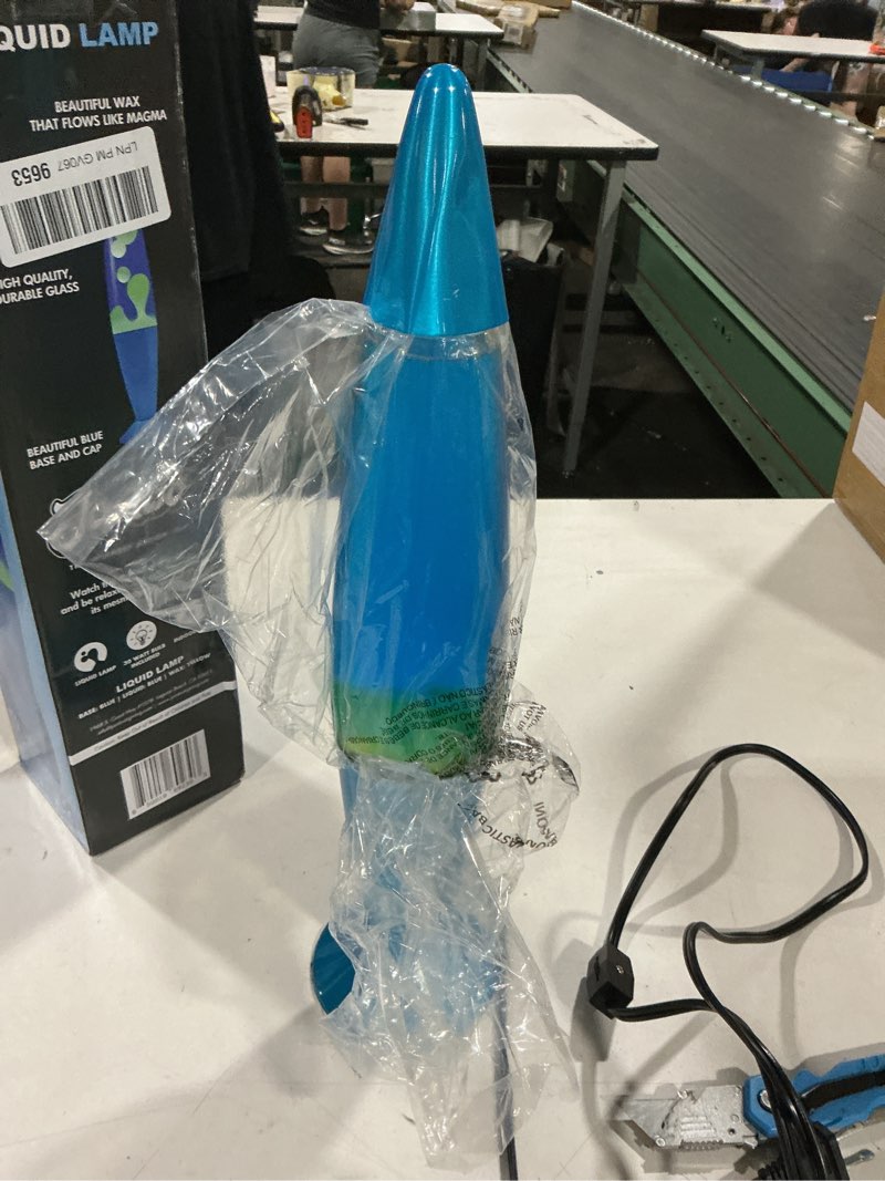Condition photo showing As Is for jambo 16" beautiful lamp- blue with yellow/green wax, relaxing liquid light, night light nightlight, home decor living room office bedroom lamp for adults teens kids, magma motion blue base, blue liquid, yellow wax 16"