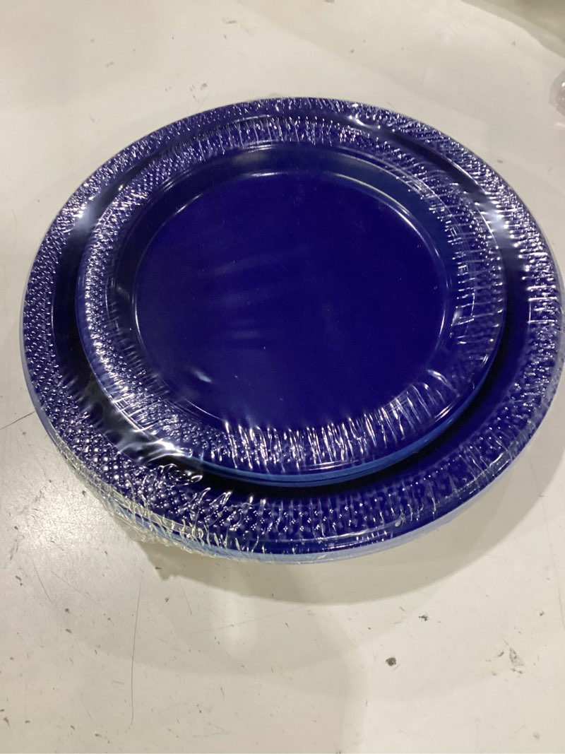 Condition photo showing New/Like New for 40 pcs royal blue plastic plates for patriotic day, blue disposable plates heavy duty, 20-9" and 20-7" blue plates for graduation, 4th of july
