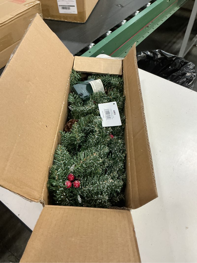 Condition photo showing As Is for nearly natural 6' pre-lit led lightly flocked pine artificial christmas garland with pinecones and berries green with multicolor lights